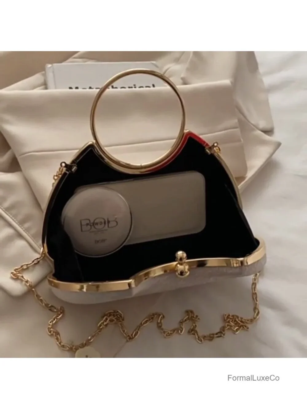 Embroidered Clutch Purse Women Top Handle Evening Bag Nylon with Chain